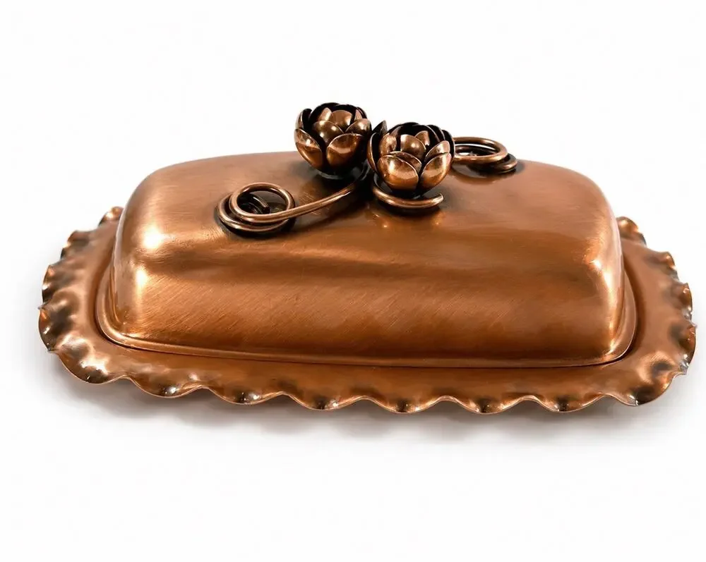 Gregorian Solid Copper Covered Butter Dish Rose Lid Mid Century Modern USA 8”